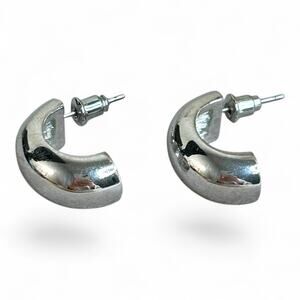 Kenneth Jay Lane KJL ‘Polished Silver Tube Hoop’ Earrings Silver Tone C Shape